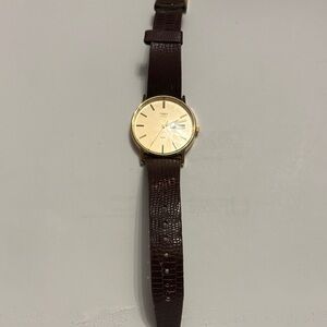 Vintage Timex Gold Dial Watch with Dark Brown Leather Strap